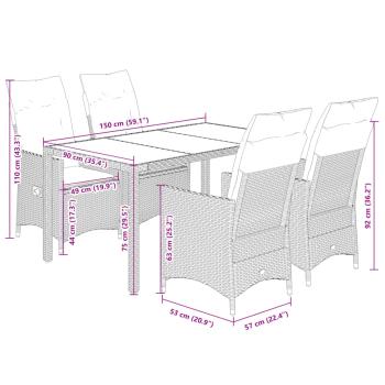 5-tlg. Garten-Essgruppe mit Kissen Grau Poly Rattan