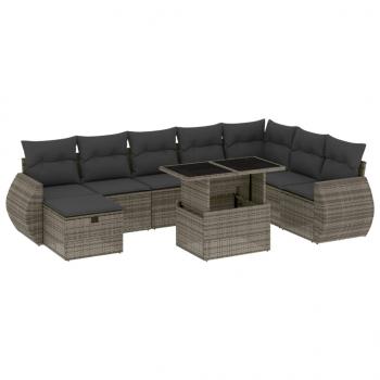 9-tlg. Garten-Sofagarnitur mit Kissen Grau Poly Rattan