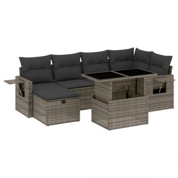 7-tlg. Garten-Sofagarnitur mit Kissen Grau Poly Rattan