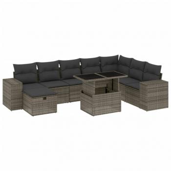 9-tlg. Garten-Sofagarnitur mit Kissen Grau Poly Rattan