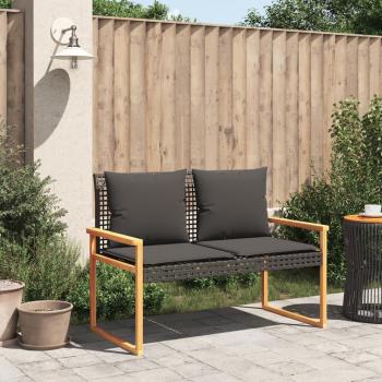 Gartenbank mit Kissen Schwarz Poly Rattan Akazienholz