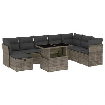 9-tlg. Garten-Sofagarnitur mit Kissen Grau Poly Rattan