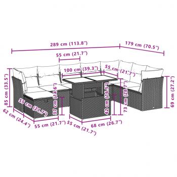 9-tlg. Garten-Sofagarnitur mit Kissen Grau Poly Rattan