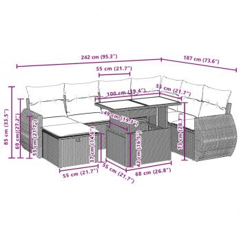 8-tlg. Garten-Sofagarnitur mit Kissen Grau Poly Rattan