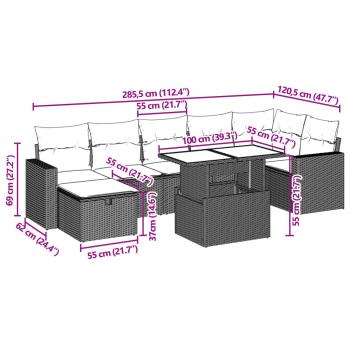 8-tlg. Garten-Sofagarnitur mit Kissen Grau Poly Rattan