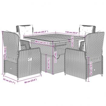 5-tlg. Garten-Essgruppe mit Kissen Grau Poly Rattan