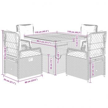 5-tlg. Garten-Essgruppe mit Kissen Schwarz Poly Rattan