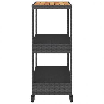 Barwagen 3 Böden Schwarz Poly Rattan und Massivholz Akazie