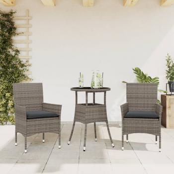 ARDEBO.de - 3-tlg. Garten-Essgruppe mit Kissen Grau Poly Rattan und Glas