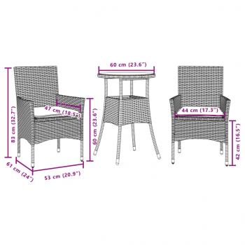 3-tlg. Garten-Essgruppe mit Kissen Grau Poly Rattan und Glas