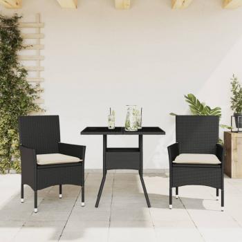 ARDEBO.de - 3-tlg. Garten-Essgruppe mit Kissen Schwarz Poly Rattan Glas