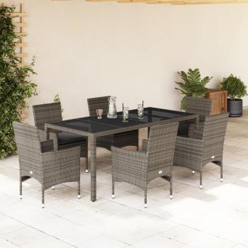 ARDEBO.de - 7-tlg. Garten-Essgruppe mit Kissen Grau Poly Rattan und Glas