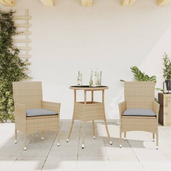 ARDEBO.de - 3-tlg. Garten-Essgruppe mit Kissen Beige Poly Rattan und Glas