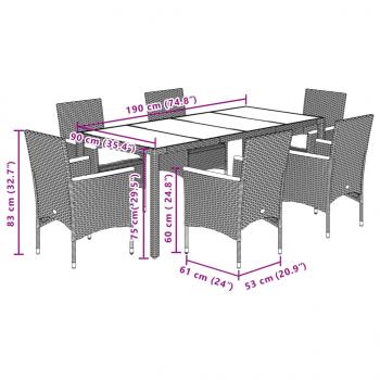 7-tlg. Garten-Essgruppe mit Kissen Schwarz Poly Rattan Glas