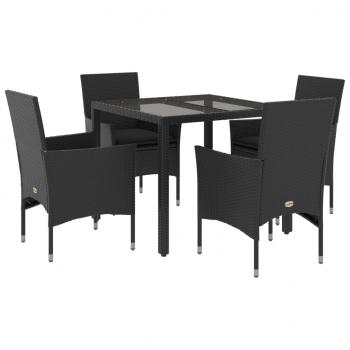 5-tlg. Garten-Essgruppe mit Kissen Schwarz Poly Rattan und Glas