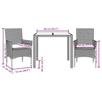 3-tlg. Garten-Essgruppe mit Kissen Hellgrau Poly Rattan Glas