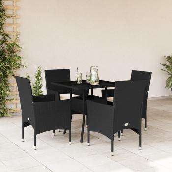 ARDEBO.de - 5-tlg. Garten-Essgruppe mit Kissen Schwarz Poly Rattan und Glas