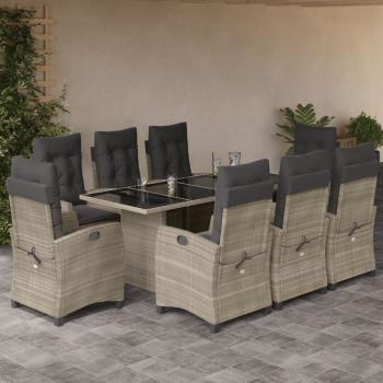 ARDEBO.de - 9-tlg. Garten-Essgruppe mit Kissen Hellgrau Poly Rattan