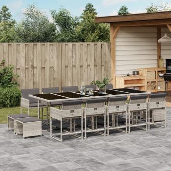 ARDEBO.de - 15-tlg. Garten-Essgruppe mit Kissen Hellgrau Poly Rattan