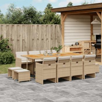 ARDEBO.de - 13-tlg. Garten-Essgruppe mit Kissen Beige Poly Rattan