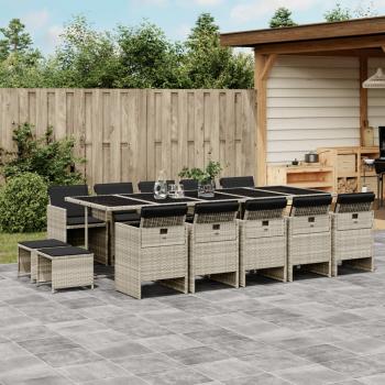 ARDEBO.de - 15-tlg. Garten-Essgruppe mit Kissen Hellgrau Poly Rattan