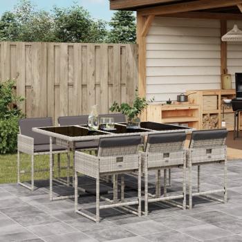 ARDEBO.de - 7-tlg. Garten-Essgruppe mit Kissen Hellgrau Poly Rattan