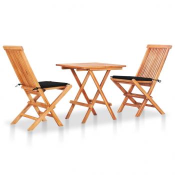 ARDEBO.de - 3-tlg. Bistroset mit Schwarzen Kissen Massivholz Teak