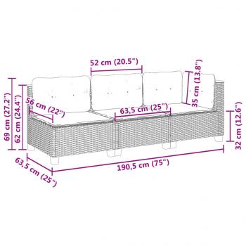 Gartensofa mit Kissen 3-Sitzer Schwarz Poly Rattan