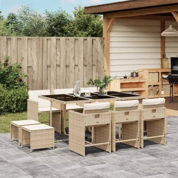 ARDEBO.de - 11-tlg. Garten-Essgruppe mit Kissen Beige Poly Rattan