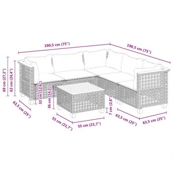 6-tlg. Garten-Sofagarnitur mit Kissen Grau Poly Rattan