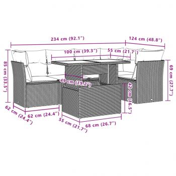 6-tlg. Garten-Sofagarnitur mit Kissen Grau Poly Rattan