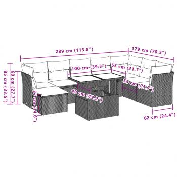 9-tlg. Garten-Sofagarnitur mit Kissen Grau Poly Rattan