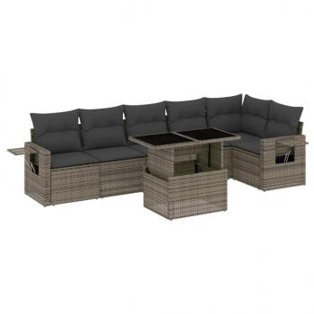 7-tlg. Garten-Sofagarnitur mit Kissen Grau Poly Rattan