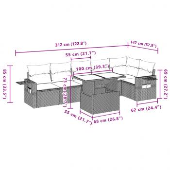 7-tlg. Garten-Sofagarnitur mit Kissen Grau Poly Rattan