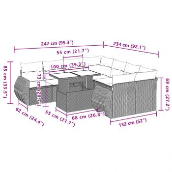 9-tlg. Garten-Sofagarnitur mit Kissen Grau Poly Rattan