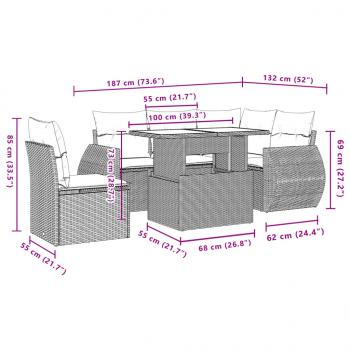 6-tlg. Garten-Sofagarnitur mit Kissen Grau Poly Rattan