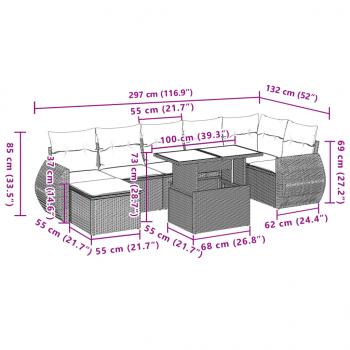 8-tlg. Garten-Sofagarnitur mit Kissen Grau Poly Rattan