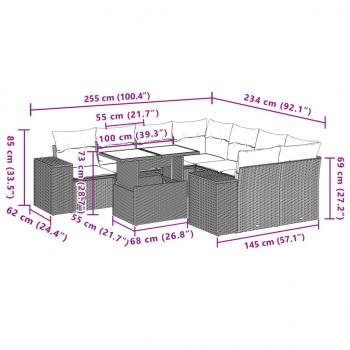 9-tlg. Garten-Sofagarnitur mit Kissen Grau Poly Rattan