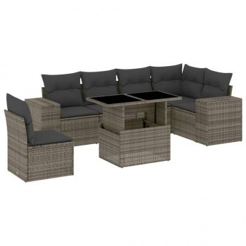 7-tlg. Garten-Sofagarnitur mit Kissen Grau Poly Rattan