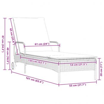 Sonnenliege mit Rollen und Auflage Grau Poly Rattan