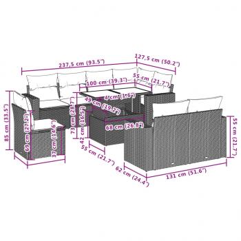 9-tlg. Garten-Sofagarnitur mit Kissen Grau Poly Rattan