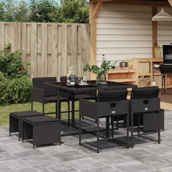 ARDEBO.de - 9-tlg. Garten-Essgruppe mit Kissen Schwarz Poly Rattan