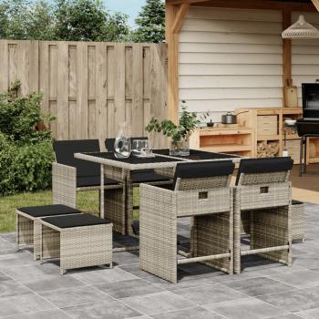 ARDEBO.de - 9-tlg. Garten-Essgruppe mit Kissen Hellgrau Poly Rattan