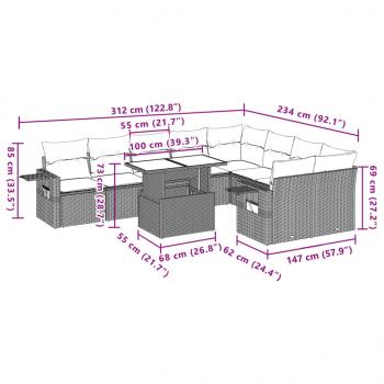 10-tlg. Garten-Sofagarnitur mit Kissen Grau Poly Rattan