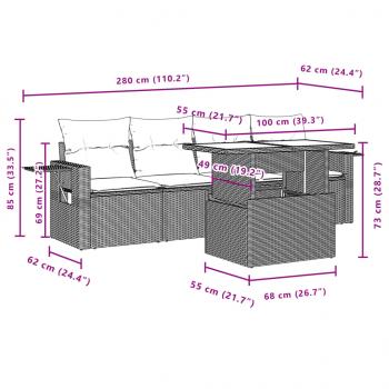 5-tlg. Garten-Sofagarnitur mit Kissen Grau Poly Rattan