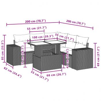 6-tlg. Garten-Sofagarnitur mit Kissen Grau Poly Rattan