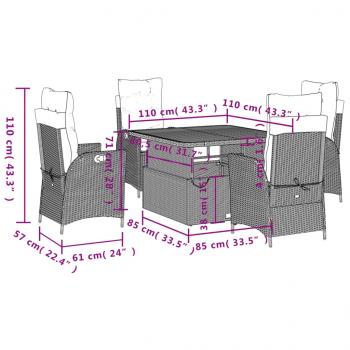 5-tlg. Garten-Essgruppe mit Kissen Schwarz Poly Rattan