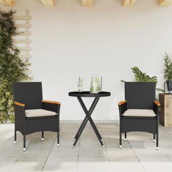 ARDEBO.de - 3-tlg. Bistro-Set mit Kissen Schwarz Poly Rattan und Glas