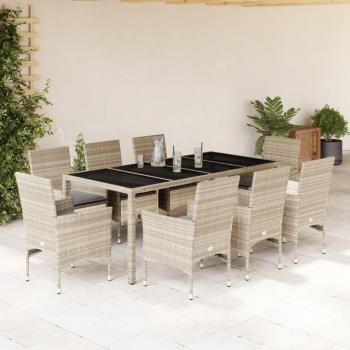 ARDEBO.de - 9-tlg. Garten-Essgruppe mit Kissen Hellgrau Poly Rattan & Glas