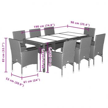 9-tlg. Garten-Essgruppe mit Kissen Hellgrau Poly Rattan & Glas